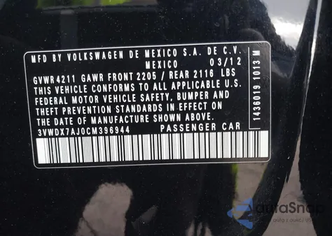 2012 Volkswagen Jetta 2.5L Se z USA, uszkodzony, nr VIN 3VWDX7AJ0CM396944